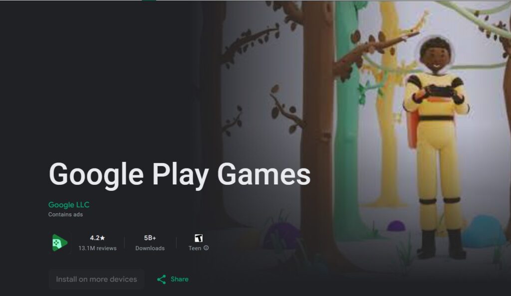Google play games page on Play Store