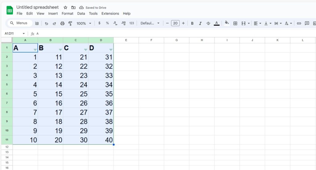 how a table looks in Google sheets once created