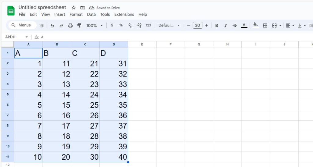 image of selected data in Google sheet to make a table
