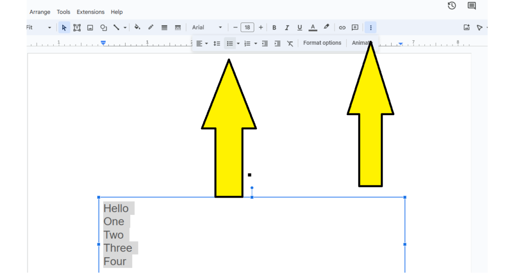 image showing the location of bulleted list option in Google Slides
