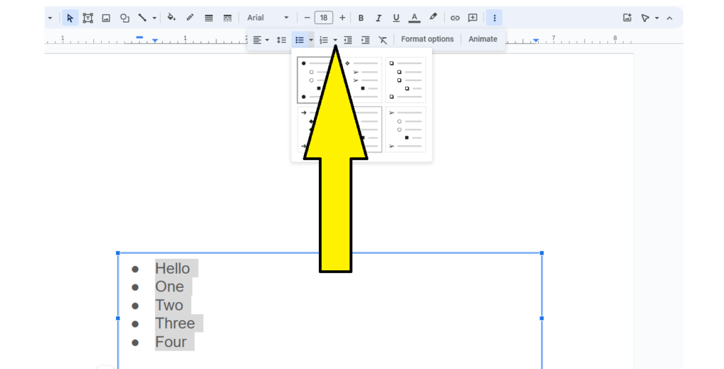 location of changing bullet styles in Google Slides
