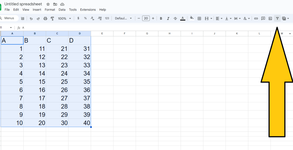 location of sort and filter option in Google sheets to make a table