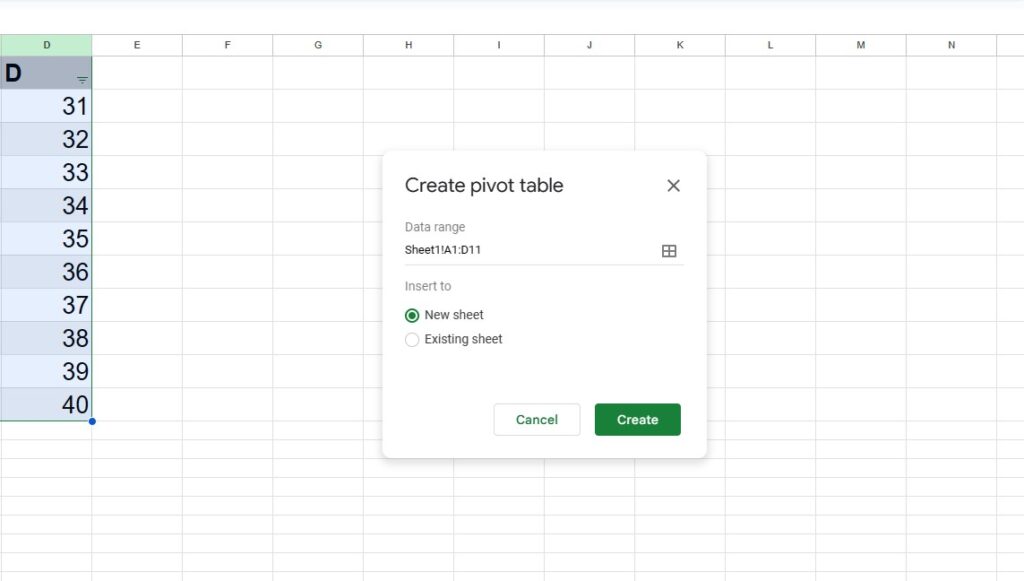 process of creating a pivot table in Google Sheets