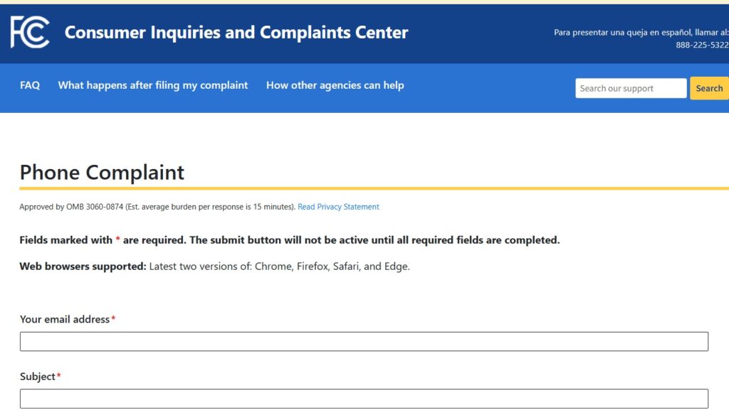 screenshot of FCC website form to report prank calls