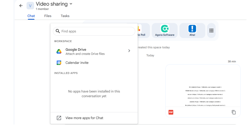 screenshot of how to add google drive videos to Google chat space