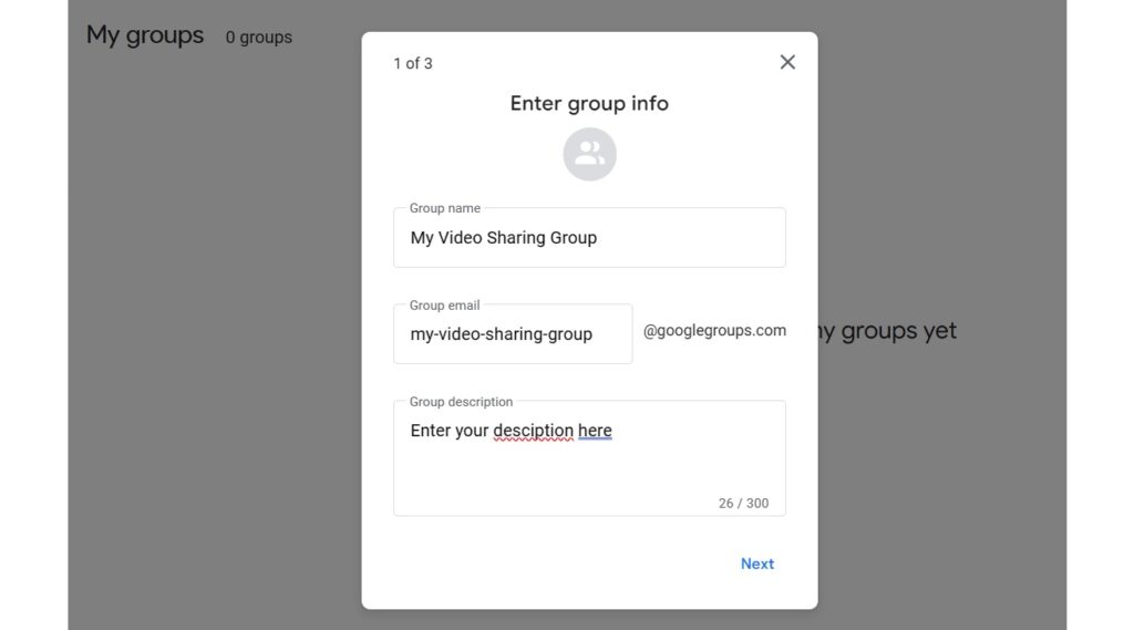 screenshot of how to make a group for your google drive hosted video